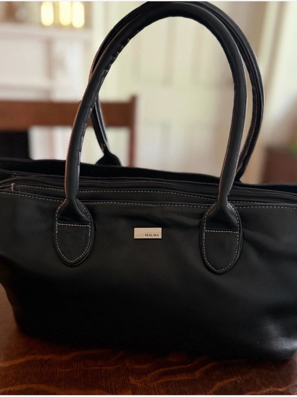 Perlina New York Black Tote Bag Zip Top Double Handles Lined Inner Pockets